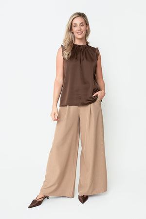 Carraig Donn Brown Sateen Lace Trim High Neck Sleeveless Top