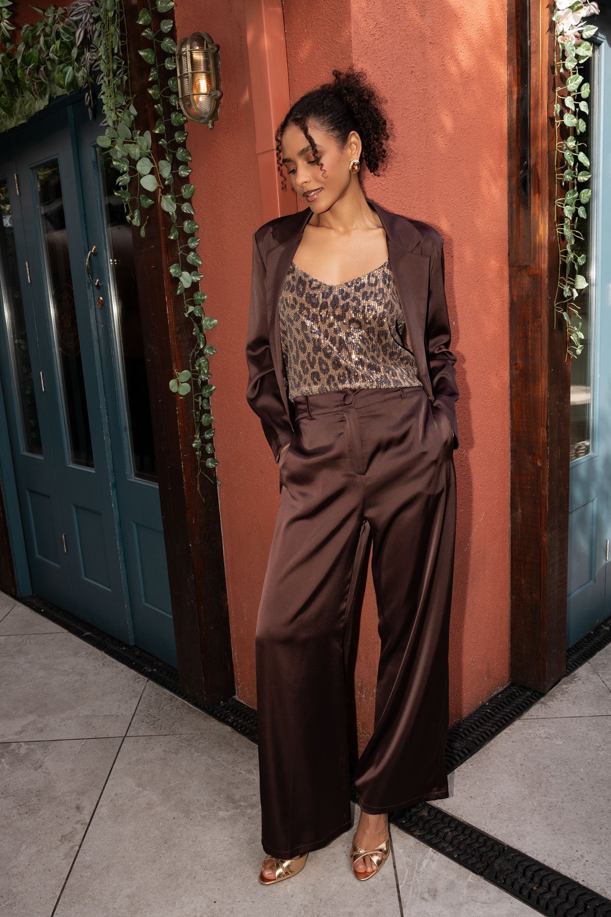 Brown Sateen Tailored High Waisted Wide Leg Trousers