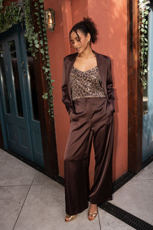 Carraig Donn Brown Sateen Tailored High Waisted Wide Leg Trousers