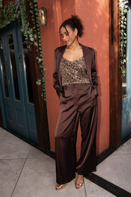 Brown Sateen Tailored High Waisted Wide Leg Trousers