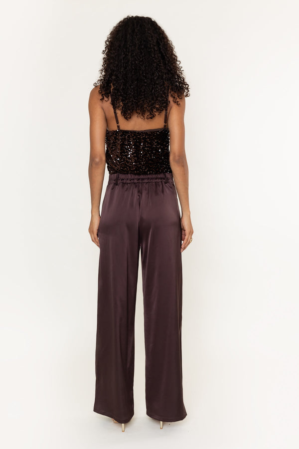 Carraig Donn Brown Sateen Tailored High Waisted Wide Leg Trousers