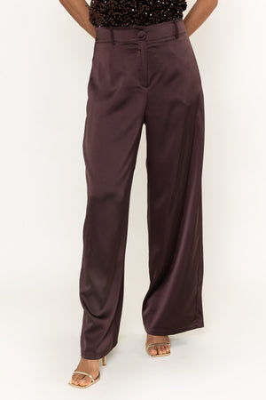 Carraig Donn Brown Sateen Tailored High Waisted Wide Leg Trousers