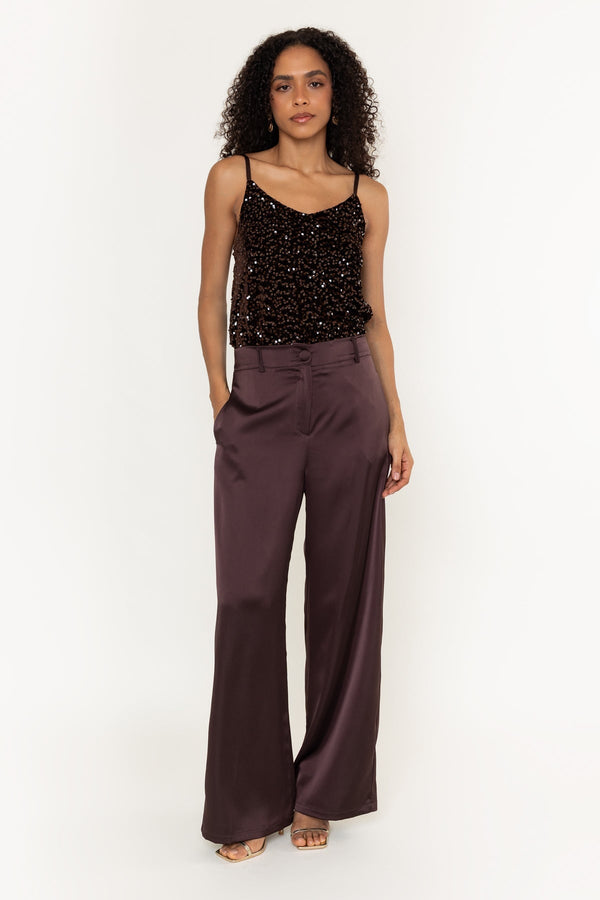 Carraig Donn Brown Sateen Tailored High Waisted Wide Leg Trousers