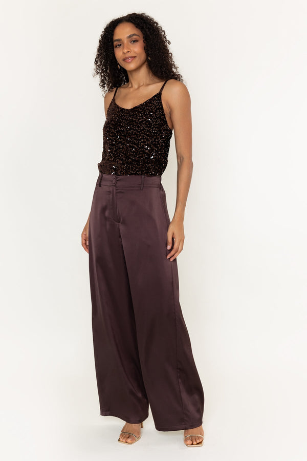Carraig Donn Brown Sateen Tailored High Waisted Wide Leg Trousers