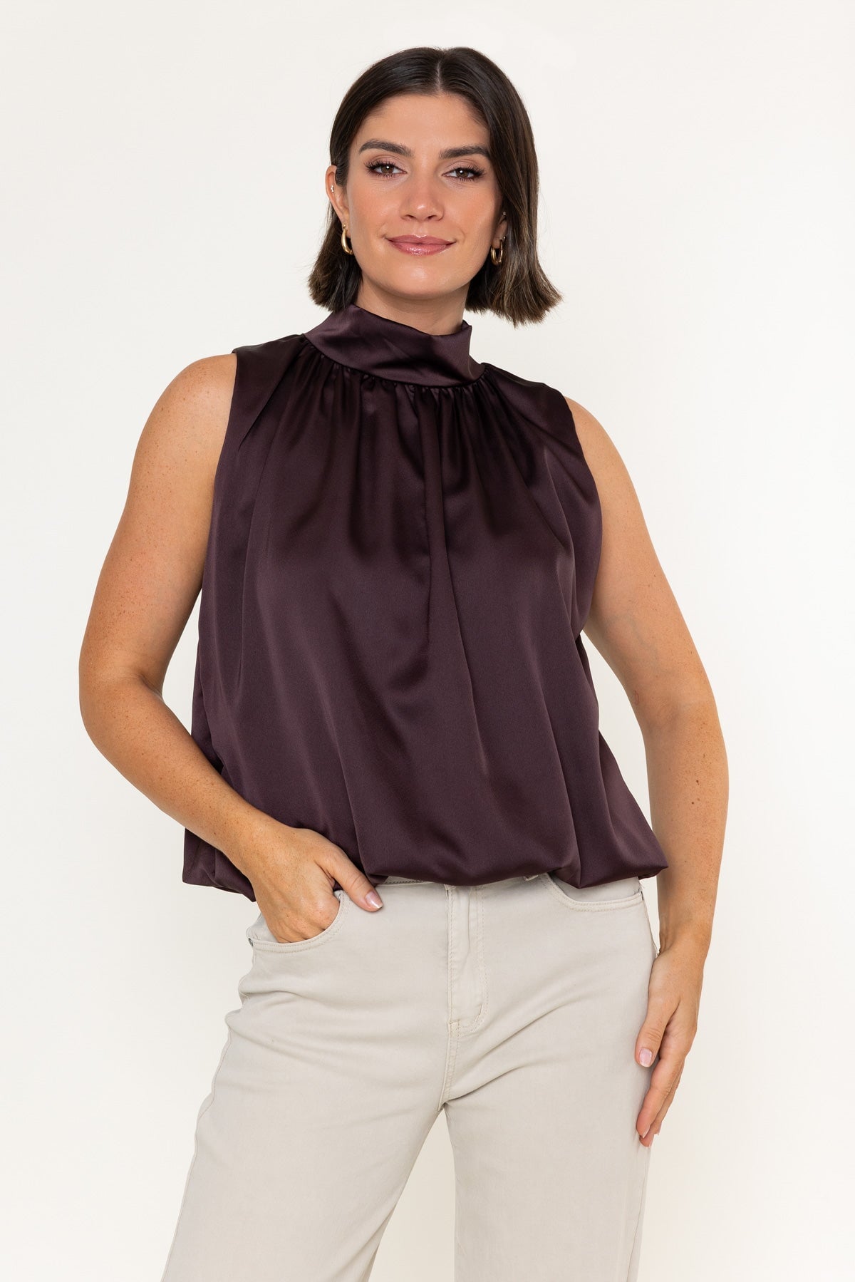 Brown Satin Balloon Hem High Neck Sleeveless Top