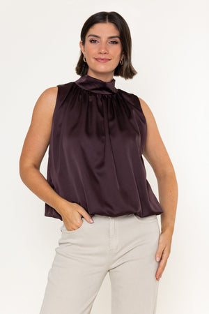 Carraig Donn Brown Satin Balloon Hem High Neck Sleeveless Top