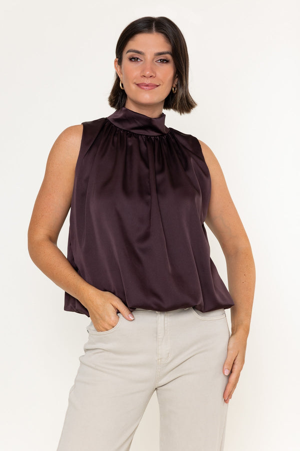 Carraig Donn Brown Satin Balloon Hem High Neck Sleeveless Top