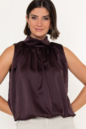 Carraig Donn Brown Satin Balloon Hem High Neck Sleeveless Top