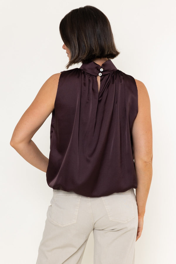 Carraig Donn Brown Satin Balloon Hem High Neck Sleeveless Top