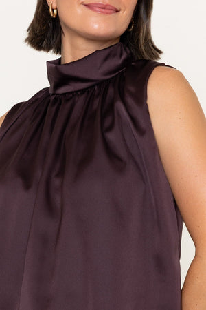Carraig Donn Brown Satin Balloon Hem High Neck Sleeveless Top