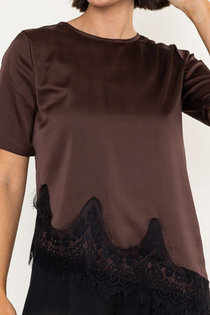 Carraig Donn Brown Satin Black Lace Trim Asymmetric Short Sleeve Top