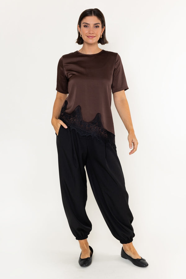 Carraig Donn Brown Satin Black Lace Trim Asymmetric Short Sleeve Top