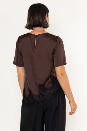 Carraig Donn Brown Satin Black Lace Trim Asymmetric Short Sleeve Top