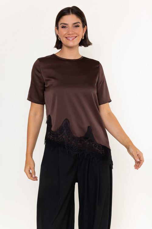 Brown Satin Black Lace Trim Asymmetric Short Sleeve Top