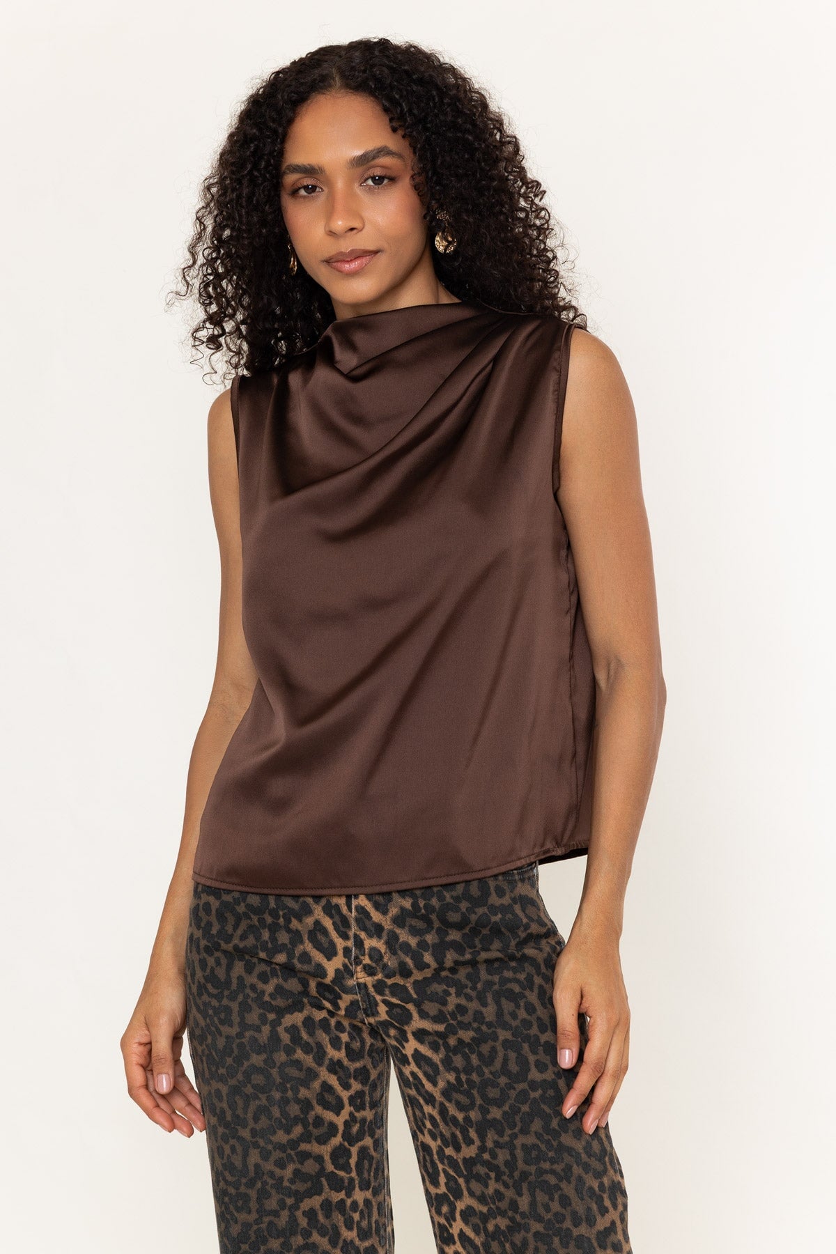Brown Satin Drape Detail Sleeveless Top