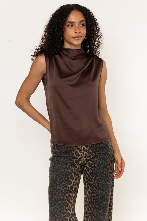 Carraig Donn Brown Satin Drape Detail Sleeveless Top