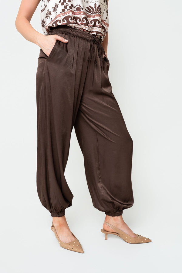 Carraig Donn Brown Satin High Waisted Cuffed Harem Trousers