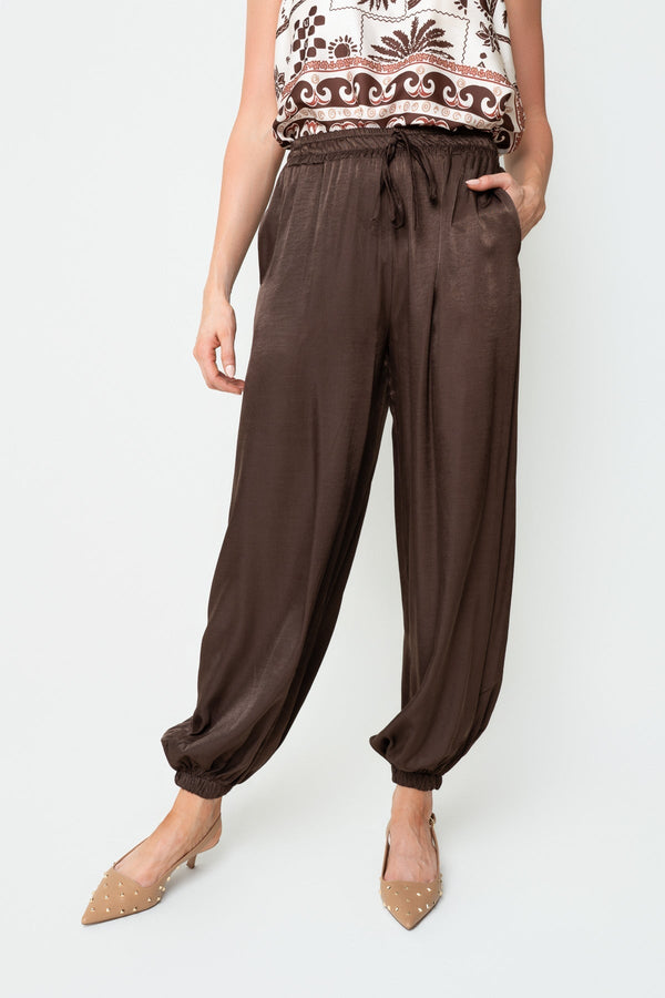 Carraig Donn Brown Satin High Waisted Cuffed Harem Trousers