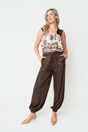 Carraig Donn Brown Satin High Waisted Cuffed Harem Trousers