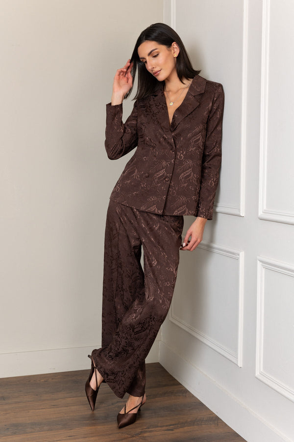 Carraig Donn Brown Satin Jacquard High Waist Wide Leg Trousers