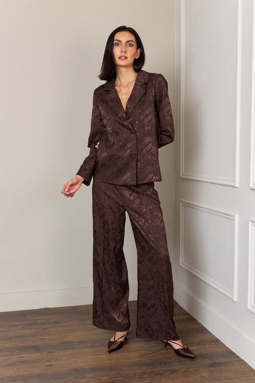 Carraig Donn Brown Satin Jacquard High Waist Wide Leg Trousers