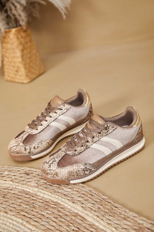 Carraig Donn Brown Snake Print Retro Stripe Metallic Detail Trainers