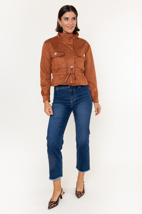 Carraig Donn Brown Suede High Neck Drawstring Cropped Jacket