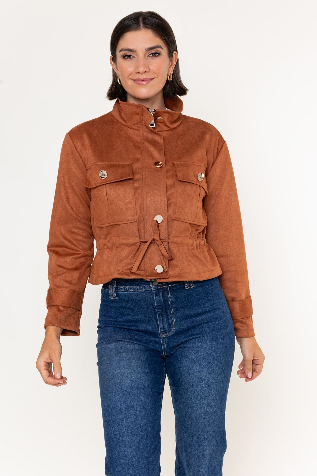 Brown Suede High Neck Drawstring Cropped Jacket