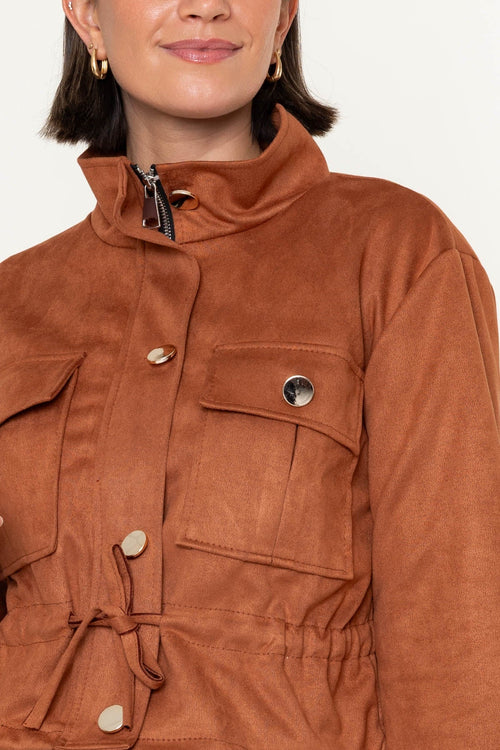 Carraig Donn Brown Suede High Neck Drawstring Cropped Jacket