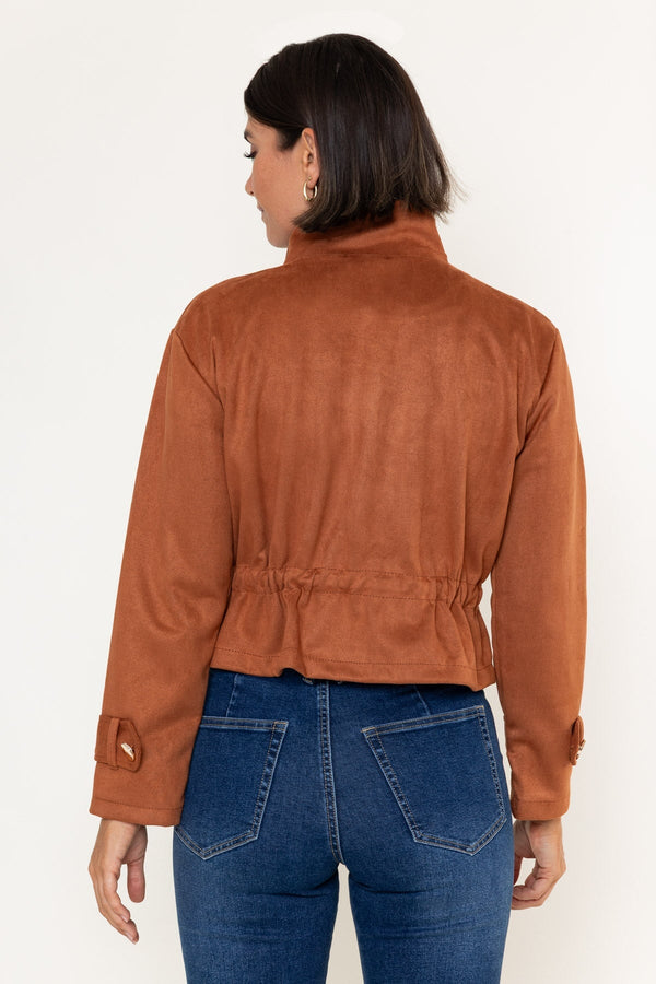Carraig Donn Brown Suede High Neck Drawstring Cropped Jacket
