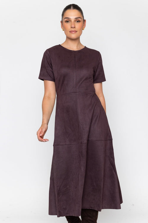 Brown Suedette A-Line Short Sleeve Midi Dress