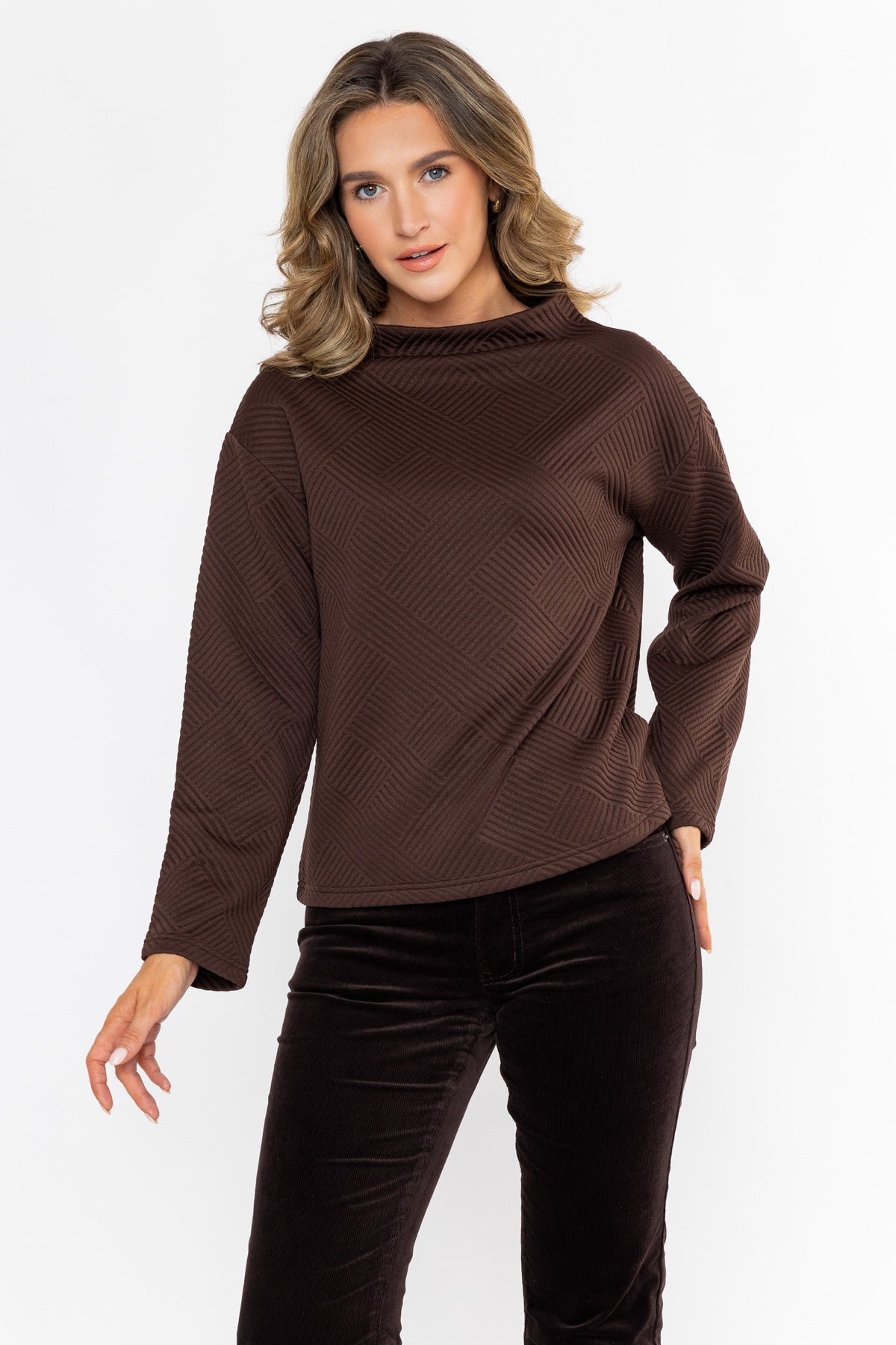 Brown Textured High Neck Long Sleeve Top