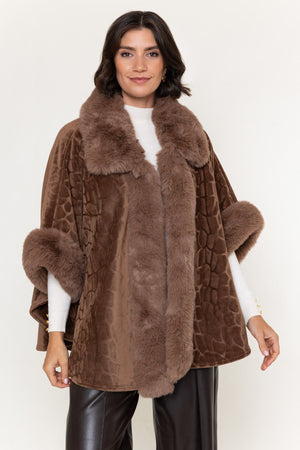 Carraig Donn Brown Velvet Faux Fur Trim 3/4 Sleeve Cape