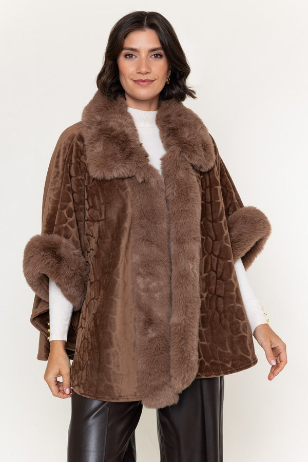 Carraig Donn Brown Velvet Faux Fur Trim 3/4 Sleeve Cape