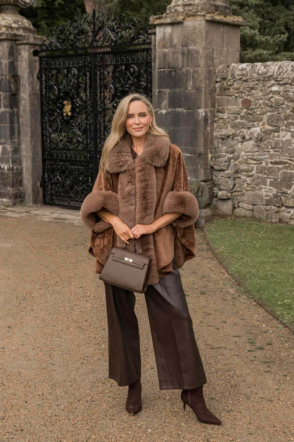 Carraig Donn Brown Velvet Faux Fur Trim 3/4 Sleeve Cape