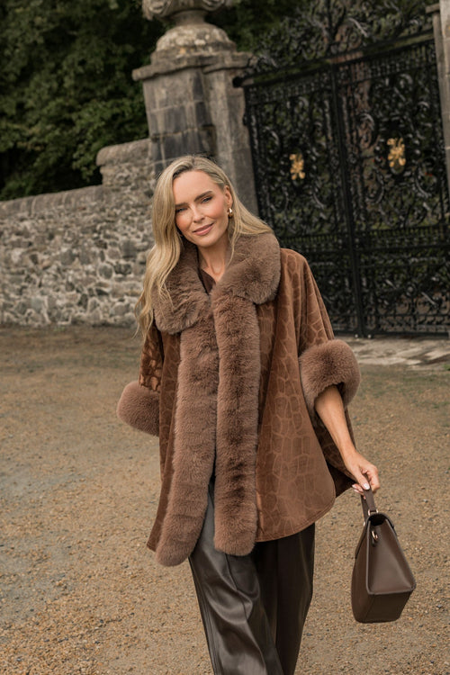 Brown Velvet Faux Fur Trim 3/4 Sleeve Cape