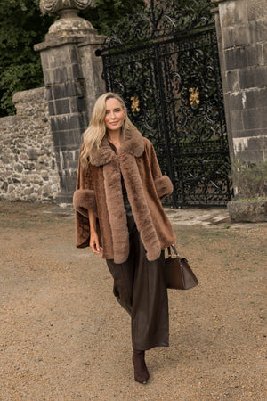 Carraig Donn Brown Velvet Faux Fur Trim 3/4 Sleeve Cape