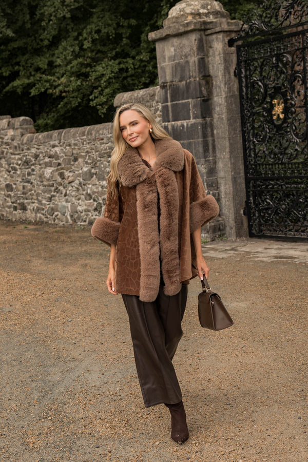 Carraig Donn Brown Velvet Faux Fur Trim 3/4 Sleeve Cape