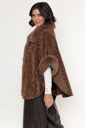 Carraig Donn Brown Velvet Faux Fur Trim 3/4 Sleeve Cape