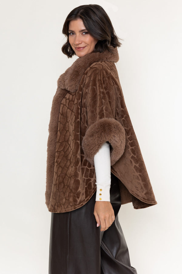 Carraig Donn Brown Velvet Faux Fur Trim 3/4 Sleeve Cape