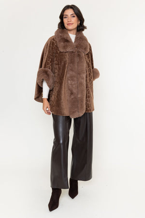 Carraig Donn Brown Velvet Faux Fur Trim 3/4 Sleeve Cape