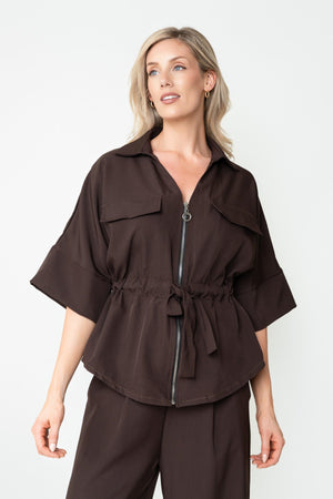 Carraig Donn Brown Viscose Blend Tie Waist Zip Half Sleeve Utility Jacket