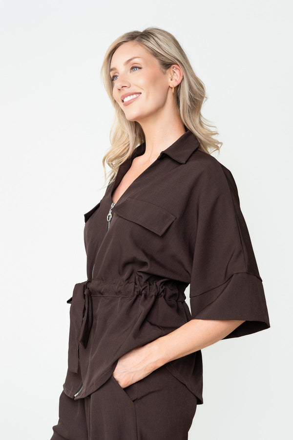 Carraig Donn Brown Viscose Blend Tie Waist Zip Half Sleeve Utility Jacket