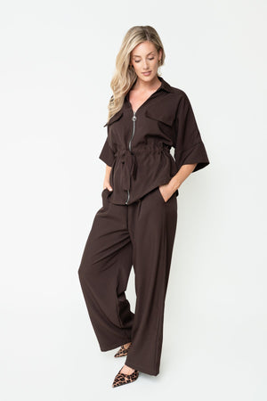 Carraig Donn Brown Viscose High Waisted Front Pleat Wide Leg Trousers