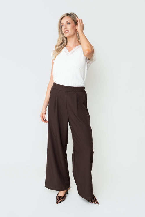 Brown Viscose High Waisted Front Pleat Wide Leg Trousers