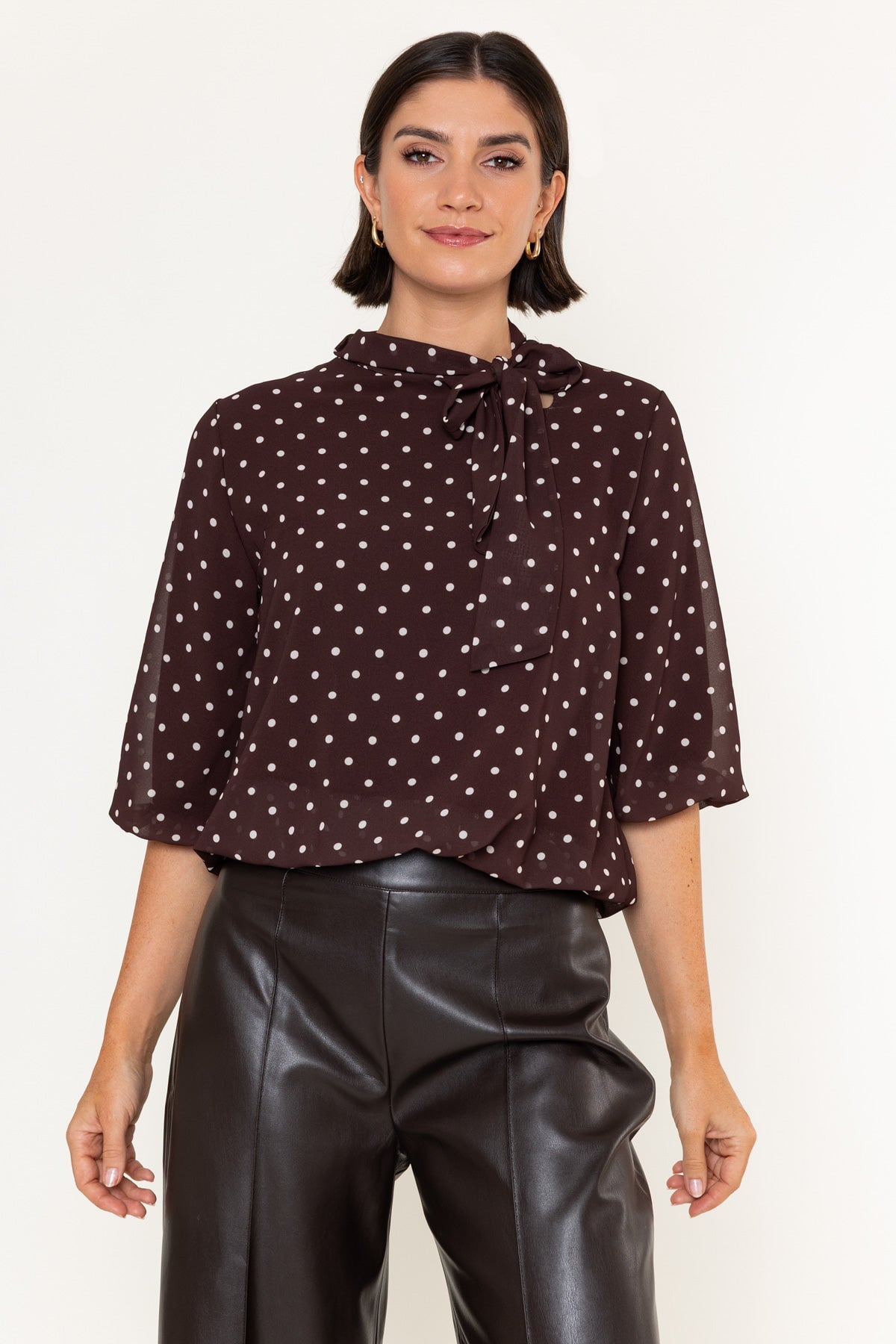 Brown & White Polka Dot Print Chiffon Bow Neck 3/4 Sleeve Blouse