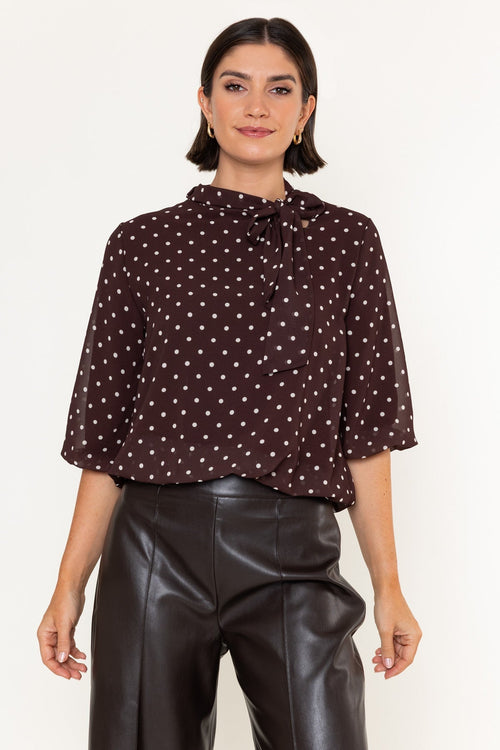 Brown & White Polka Dot Print Chiffon Bow Neck 3/4 Sleeve Blouse
