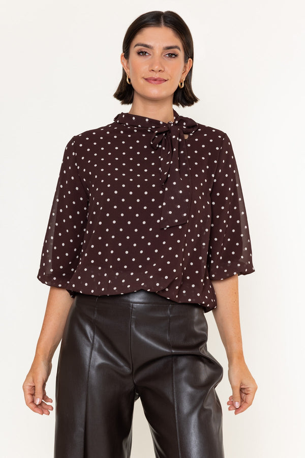 Carraig Donn Brown & White Polka Dot Print Chiffon Bow Neck 3/4 Sleeve Blouse