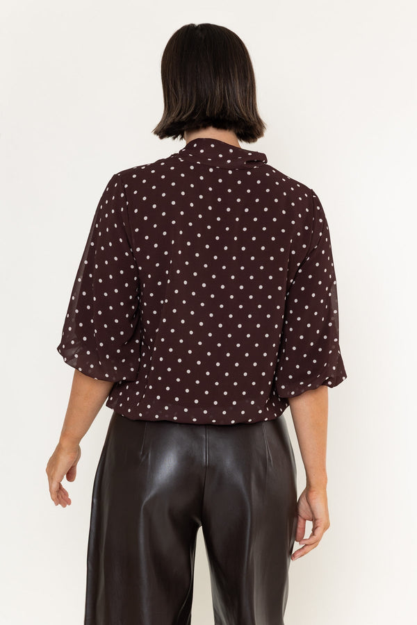 Carraig Donn Brown & White Polka Dot Print Chiffon Bow Neck 3/4 Sleeve Blouse