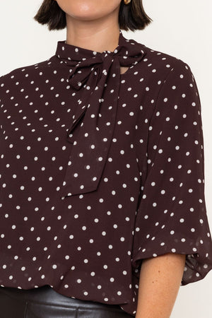 Carraig Donn Brown & White Polka Dot Print Chiffon Bow Neck 3/4 Sleeve Blouse